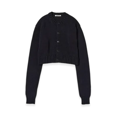 AURALEE Cotton LilyYarn Knit Crewneck Short Cardigan "Dark Navy"