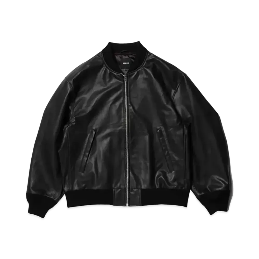 BEAMS Leather Bomber Jacket "Black"