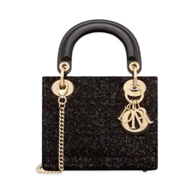 Dior Mini Lady Bag Cannage Cotton Micropearl Embroidery "Black"