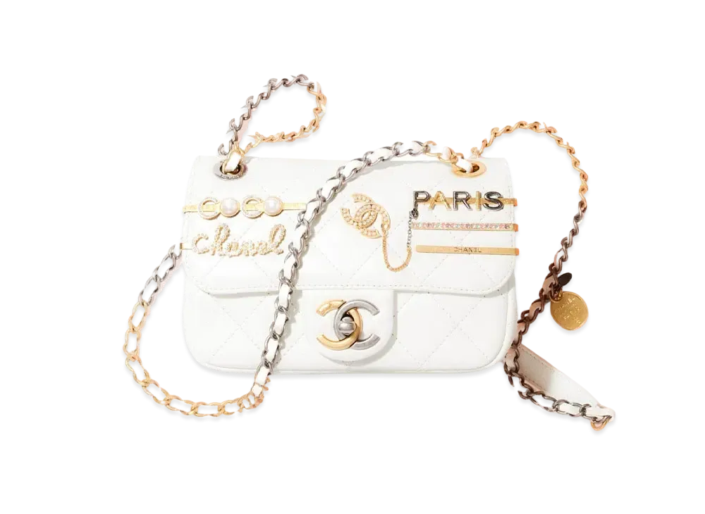 CHANEL Mini Flap Bag Lambskin Costume Pearl & Stras "White"