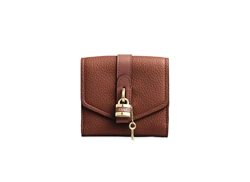 Chloe Aby Square Wallet In Grained & Shiny Calfskin "Sepia Brown"