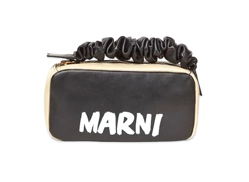 Marni Black and Beige Smooth Calfskin Clutch with Gathered Handle "Black/Beige"