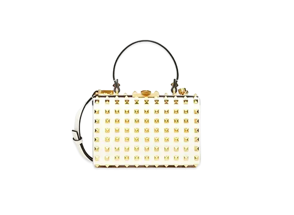 Valentino Bag Box Rock Studs Alcove Grain Calfskin All Over Studs "Light Ivory"