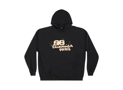 BALENCIAGA MENS Hand Drawn BB Icon Hoodie Large Fit "Black/Beige"