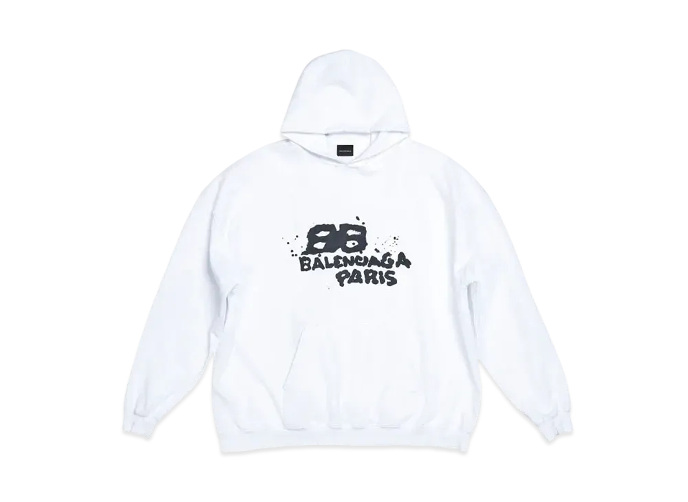 BALENCIAGA MENS Hand Drawn BB Icon Hoodie Large Fit "White/Black"