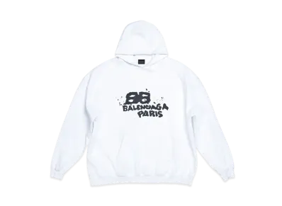 BALENCIAGA MENS Hand Drawn BB Icon Hoodie Large Fit "White/Black"