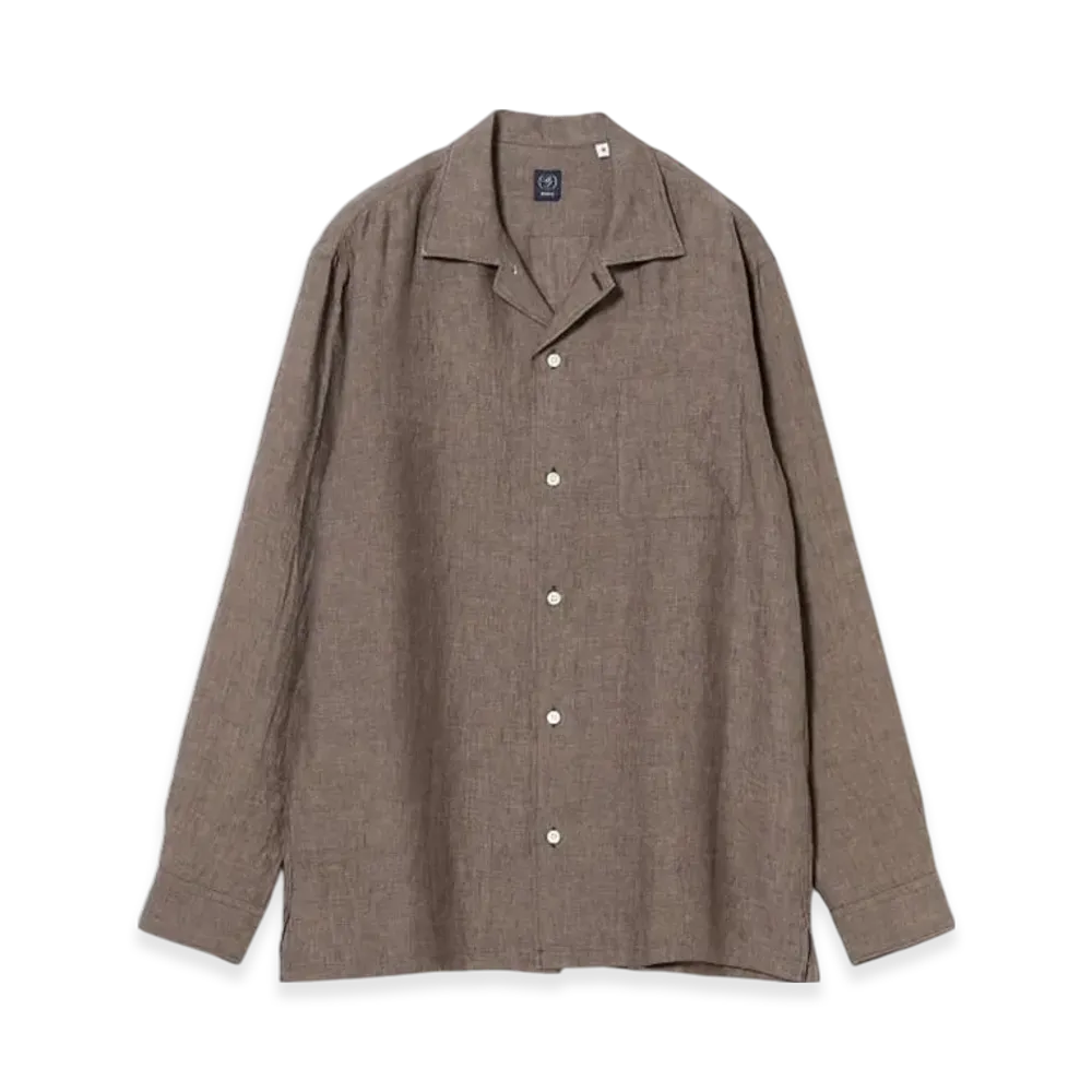 BEAMS Solid Linen Open Collar Shirt "Brown"