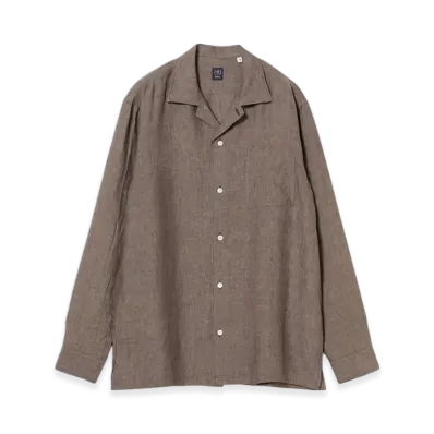 BEAMS Solid Linen Open Collar Shirt "Brown"