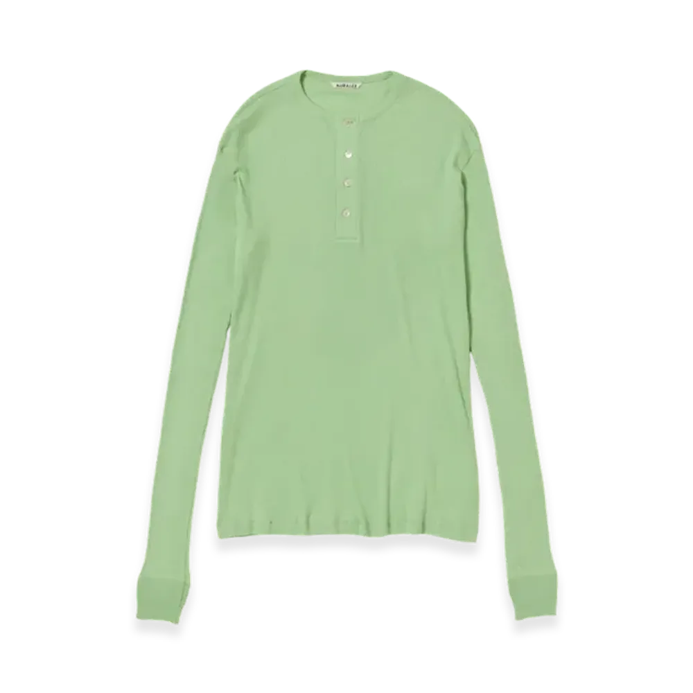 AURALEE Organic Soft Rib Henley Neck L/S T-Shirt "Light Green"