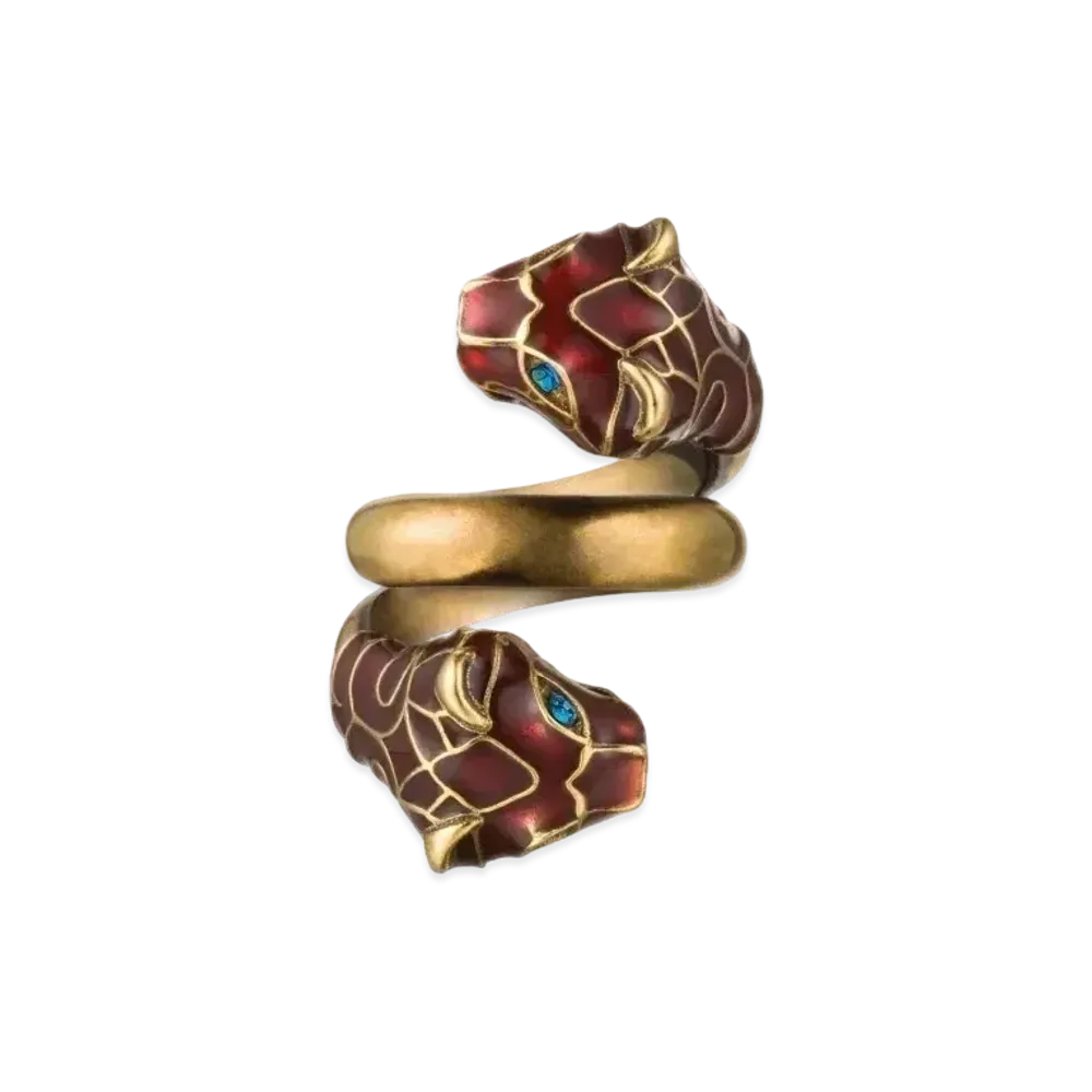 GUCCI Red Enamel Tiger Head Ring "Gold"