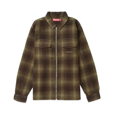 Supreme Studded Shadow Plaid Zip Up Shirt "Olive"