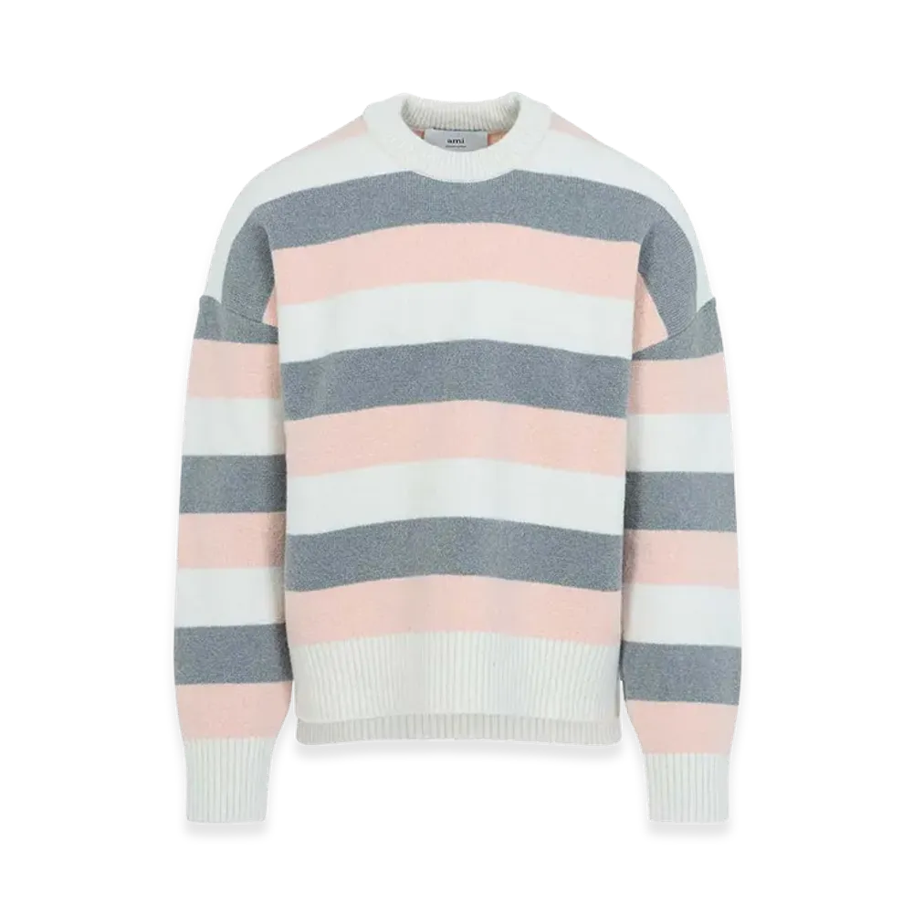 AMI PARIS Striped Crewneck Sweater "Grey Powder/Off White"