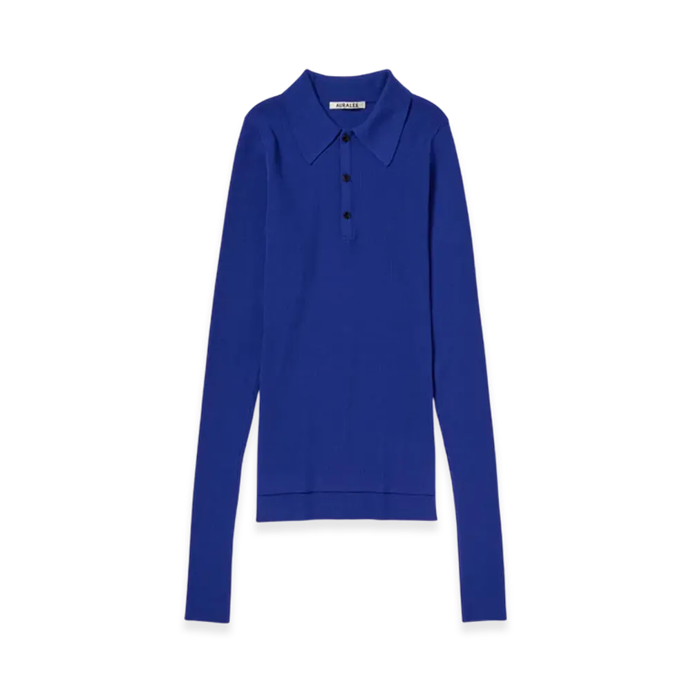 AURALEE Super Fine Wool High Gauge Rib Knit Polo "Royal Blue"