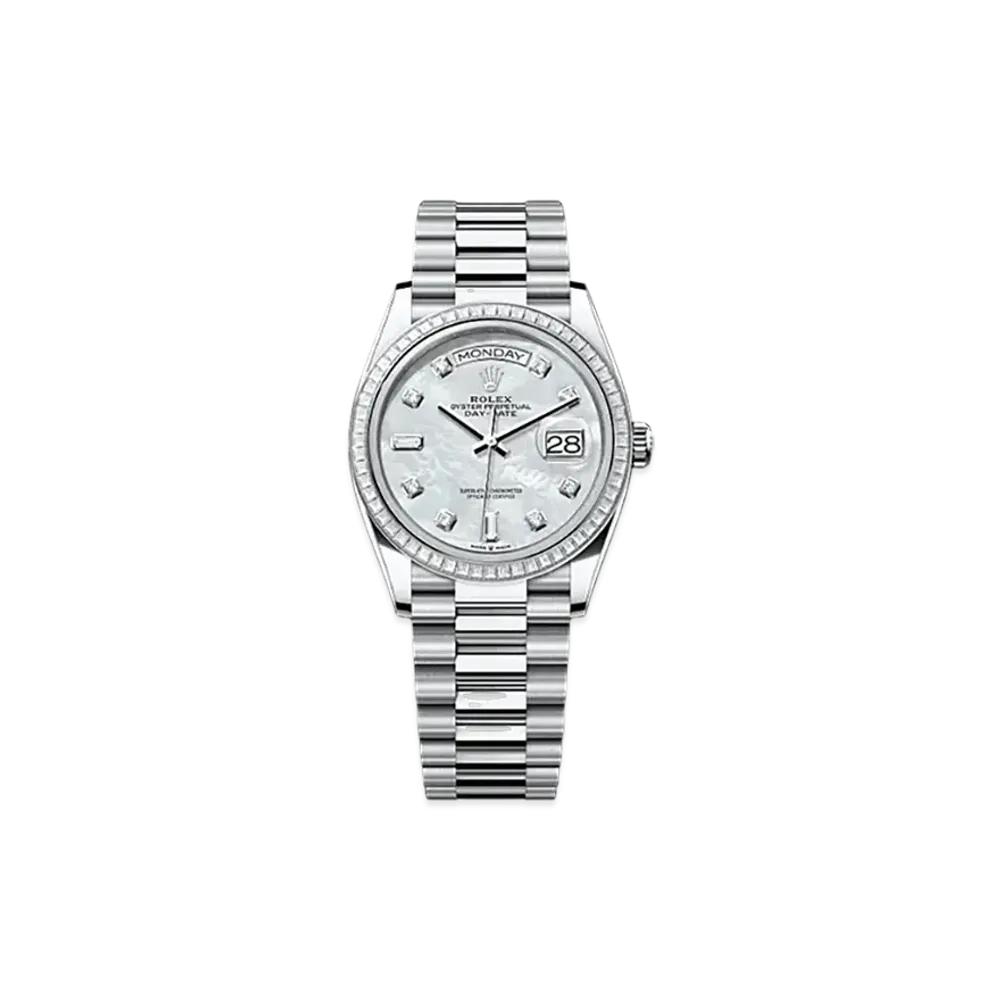 ROLEX Day-Date 36mm Platinum Diamond 128396TBR "White Mother-of-Pearl"