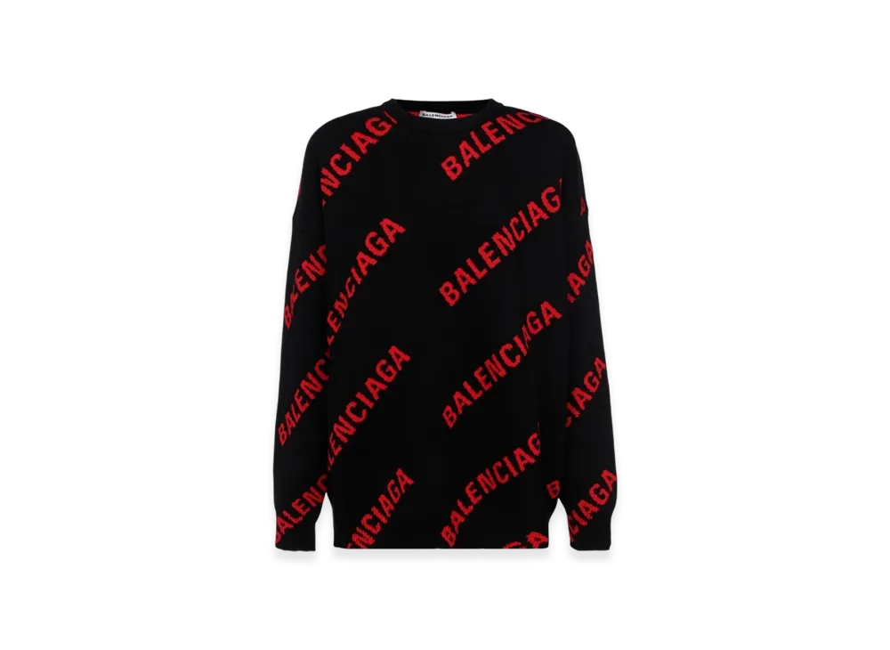 バレンシアガ ウィメンズ オールオーバー ロゴ クルーネックニット "ブラック レッド" 625329T31781076