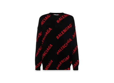 BALENCIAGA Women's Allover Logo Crewneck Knit "Black Red"