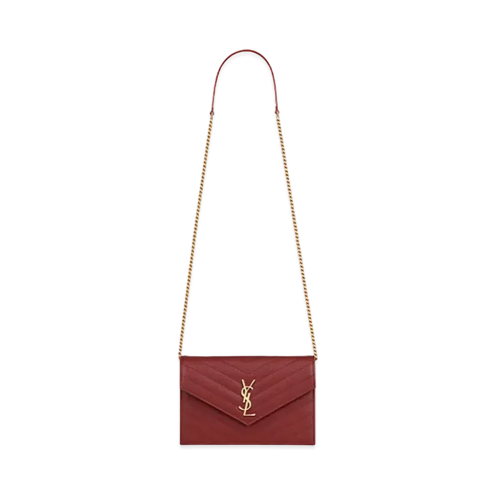Saint Laurent Envelope Chain Wallet In Grain De Poudre Embossed Leather "Rouge Opyum"