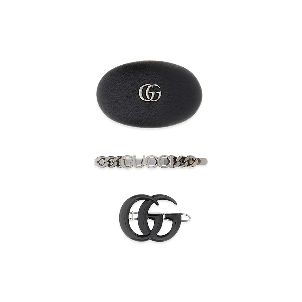 GUCCI Women's Leather And Metal Hair Clips Set "Grey"