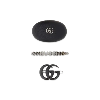 GUCCI Women's Leather And Metal Hair Clips Set "Grey"