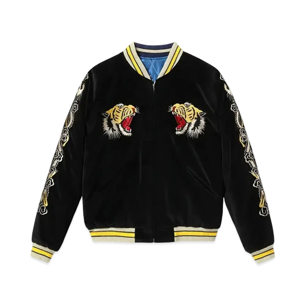 TAILOR TOYO Mid 1950s Style Velveteen Souvenir Jacket ROARING TIGER x WHITE EAGLE "Black"
