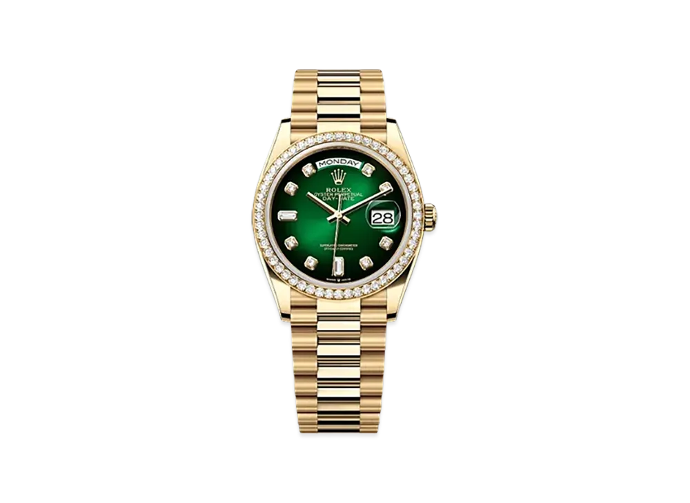 ROLEX Day-Date 36mm Yellow Gold Diamond 128348RBR "Green Ombre"