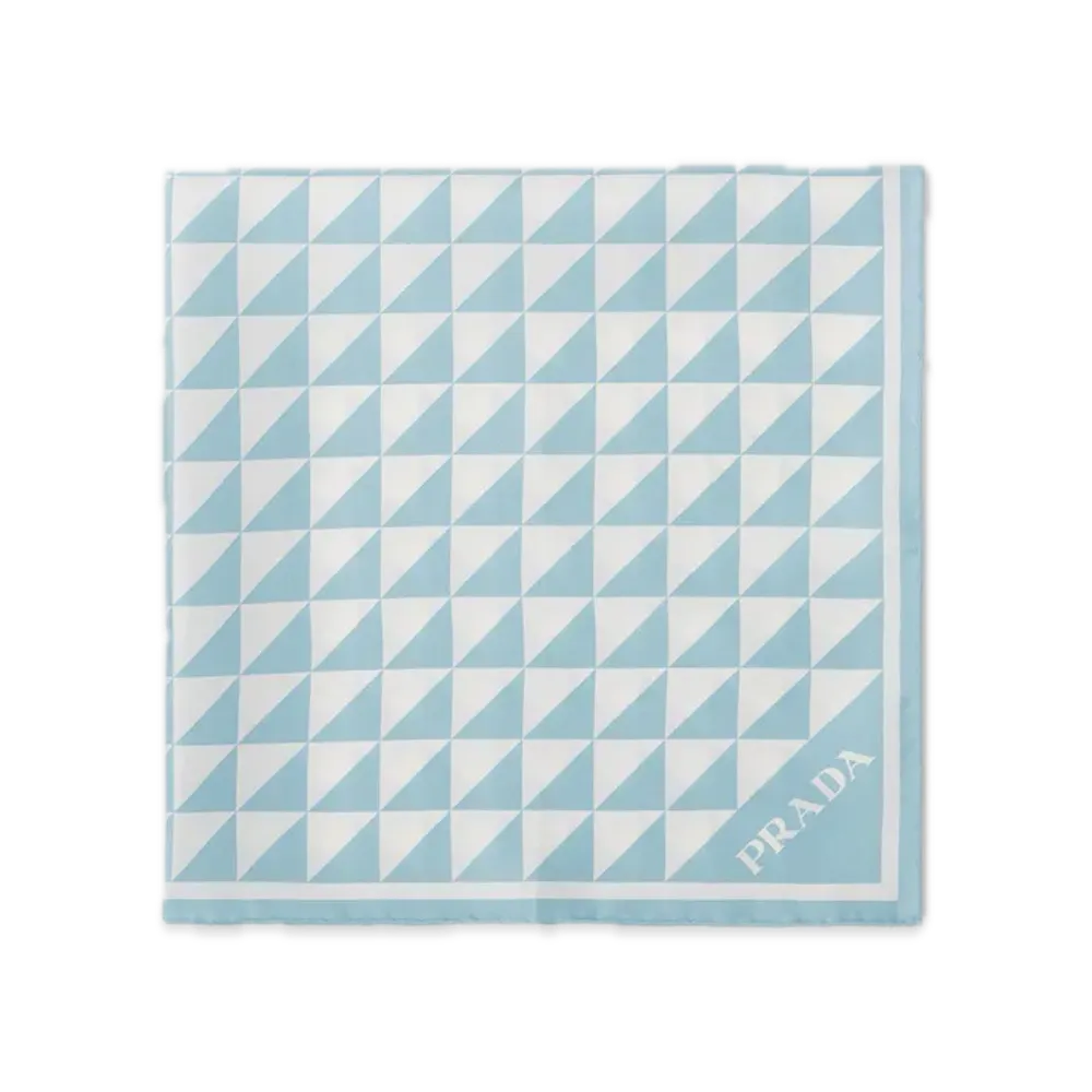 PRADA Printed Silk Twill Scarf 55 x 55 "Sky Blue/White"
