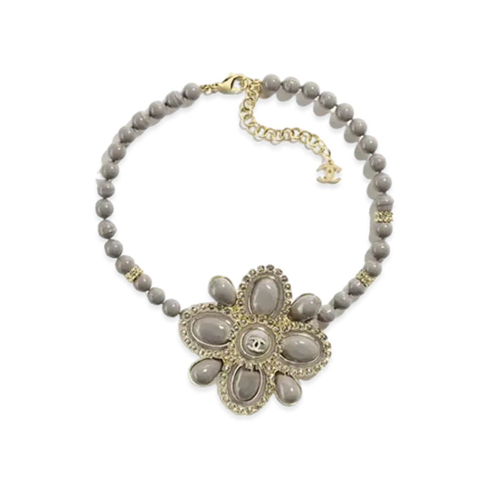 CHANEL Necklace Metal, Resin, Glass Pearls & Strass "Gold/Gray/Crystal"