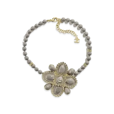 CHANEL Necklace Metal, Resin, Glass Pearls & Strass "Gold/Gray/Crystal"