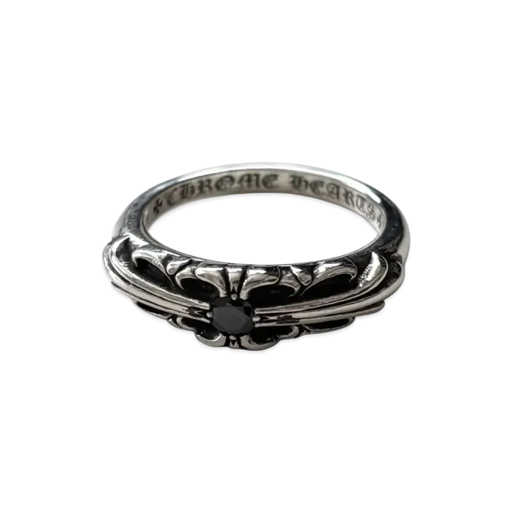Chrome Hearts Baby Classic Floral Cross Ring Center Black Diamond Custom "Silver/Black"