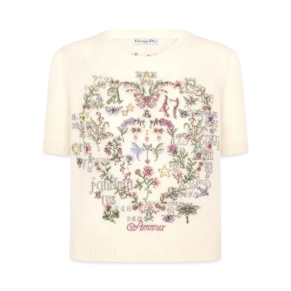 Dior Dioramour Short-Sleeved Embroidered Sweater Cashmere Knit with Amour 1947 Motif "Ecru/Multicolor"
