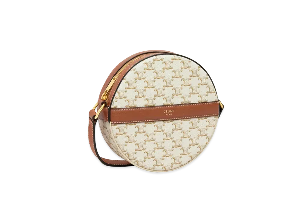 CELINE Round Purse On Strap In Triomphe Canvas And Lambskin "White/Tan"