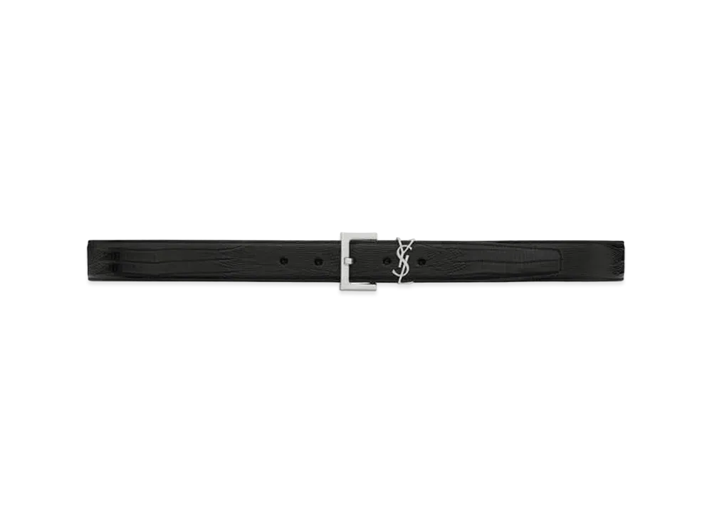 Saint Laurent Monogram Belt With Square Buckle In Lizard-Embossed Leather "Black"