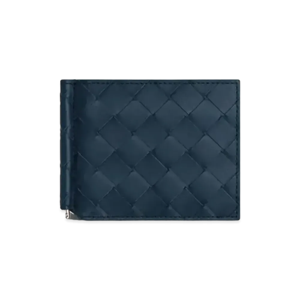 Bottega Veneta Intrecciato Calfskin Bi-fold Wallet With Money Clip "Deep Blue"