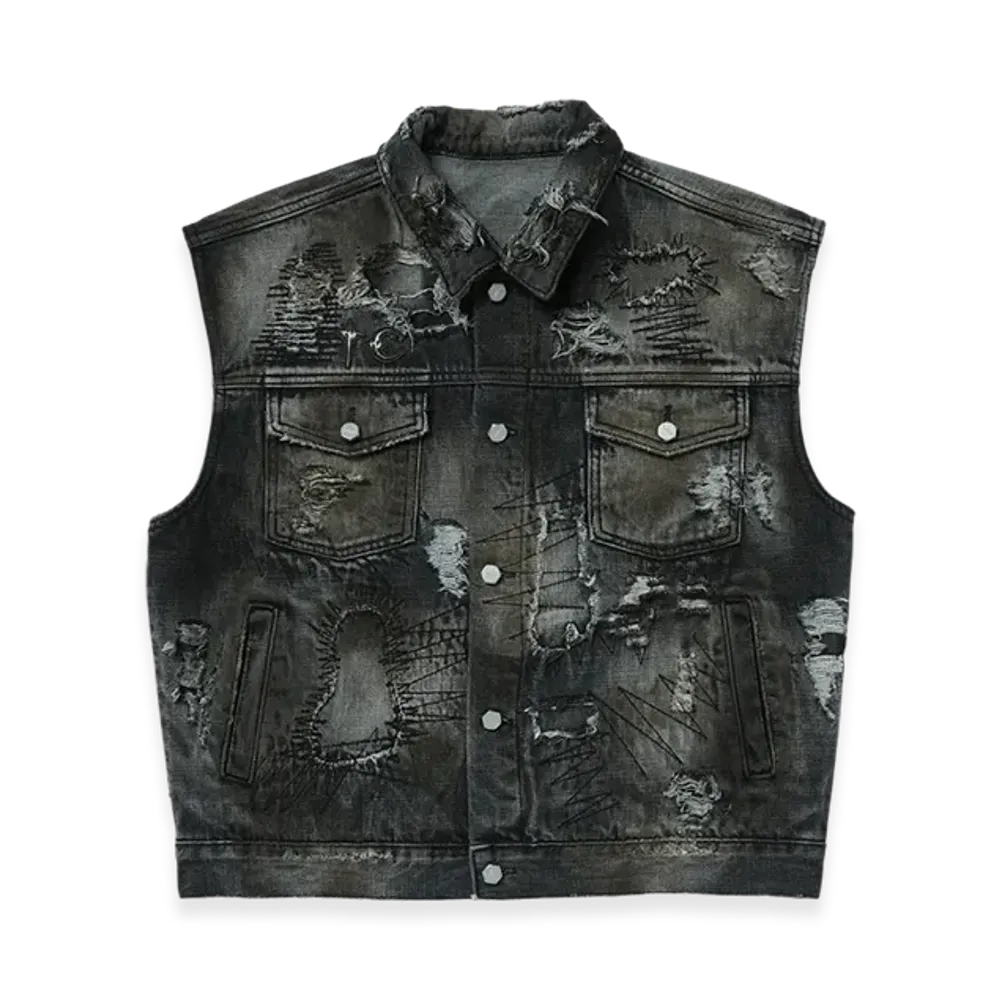 THUG CLUB Hard-Washed Damaged Denim Vest "Black"
