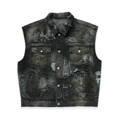 THUG CLUB Hard-Washed Damaged Denim Vest "Black"