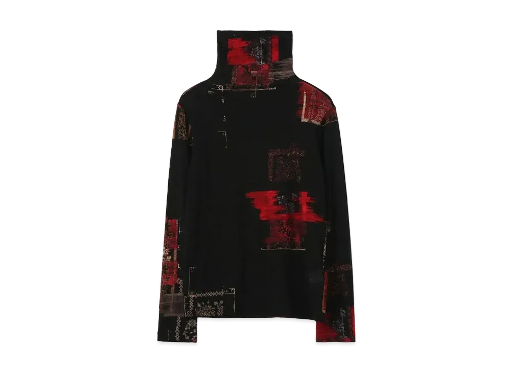 Yohji Yamamoto Y's VINTAGE SCRAP PRINT HIGHT-NECKED COLLAR LONG SLEEVE T-SHIRT "Black"