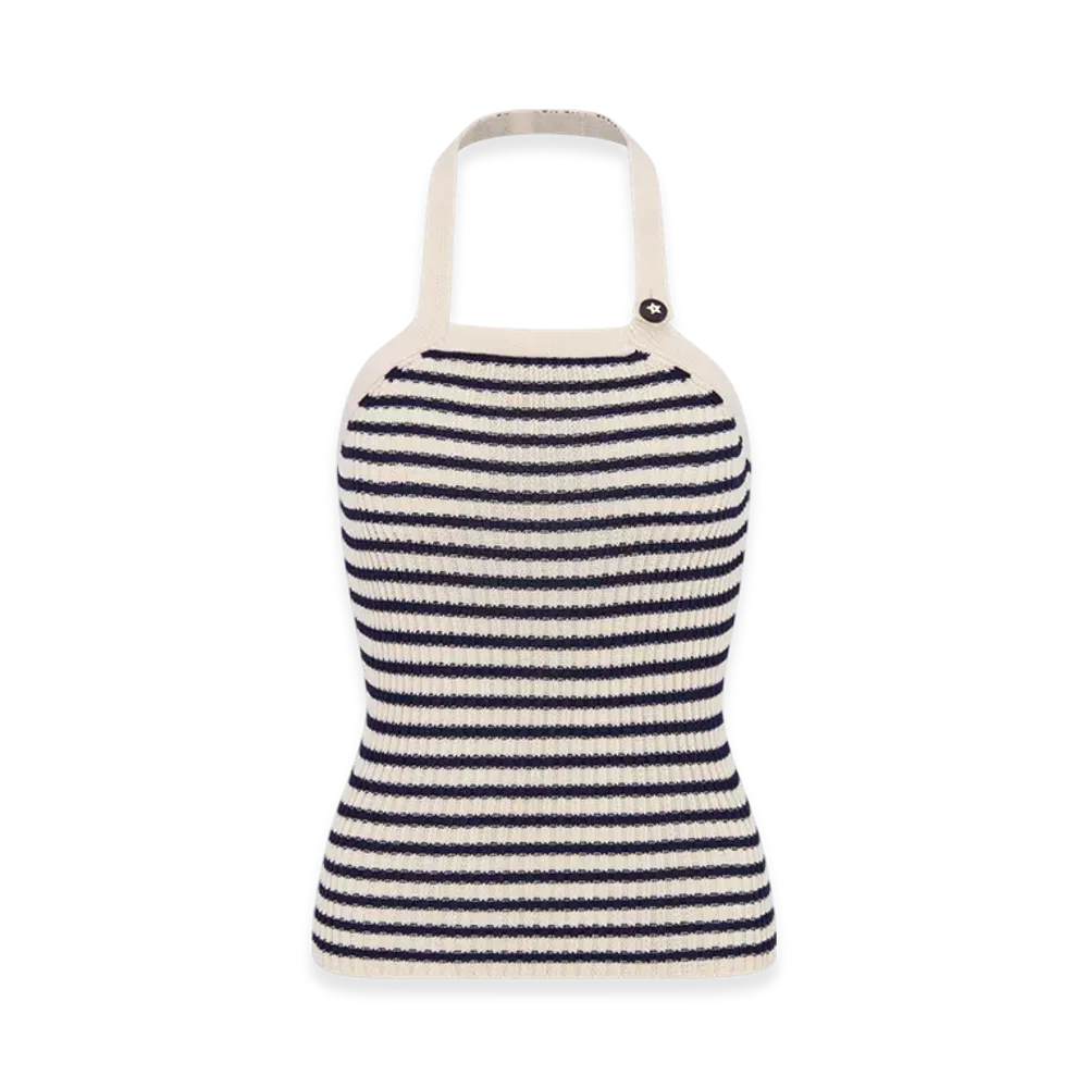 Dior Women's Dioriviera Backless Tank Top Cotton Ribbed Knit with Dior Mariniere Motif "White/Navy Blue"