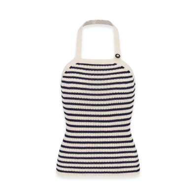 Dior Women's Dioriviera Backless Tank Top Cotton Ribbed Knit with Dior Mariniere Motif "White/Navy Blue"