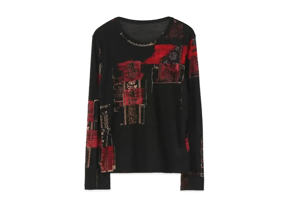 Yohji Yamamoto Y's VINTAGE SCRAP PRINT ROUND-NECKED COLLAR LONG SLEEVE T-SHIRT "Black"