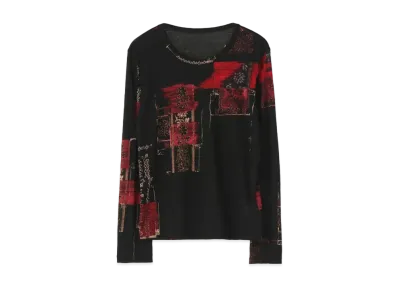 Yohji Yamamoto Y's VINTAGE SCRAP PRINT ROUND-NECKED COLLAR LONG SLEEVE T-SHIRT "Black"