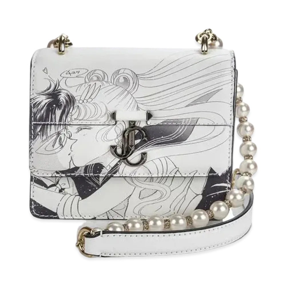 Jimmy Choo x Pretty Guardian Sailor Moon & Tuxedo Mask Varenne Quad XS Printed Leather Shoulder Bag With Pearl Strap "Monochrome"