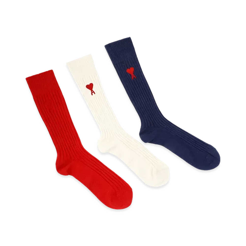 AMI PARIS Three Pack Ami De Coeurs Socks "Blue/White/Red"