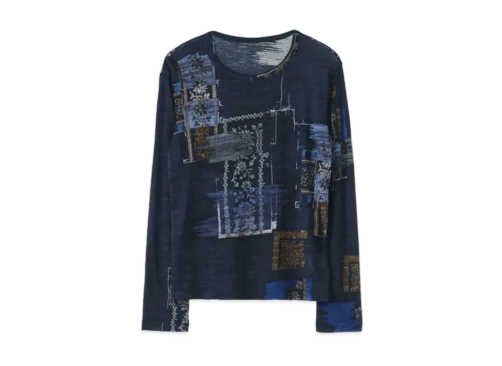 Yohji Yamamoto Y's VINTAGE SCRAP PRINT ROUND-NECKED COLLAR LONG SLEEVE T-SHIRT "Navy"