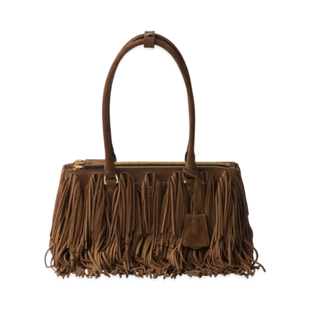 PRADA Galleria Medium Suede Bag with Fringe "Dark Brown"