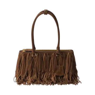 PRADA Galleria Medium Suede Bag with Fringe "Dark Brown"