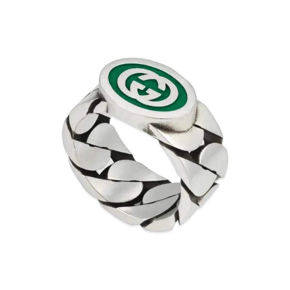 GUCCI Interlocking G Enameled Ring Enamel "Green/Silver"