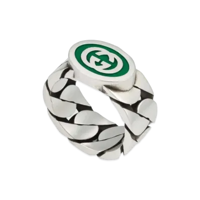 GUCCI Interlocking G Enameled Ring Enamel "Green/Silver"