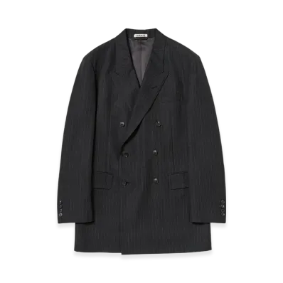 AURALEE Bluefaced Wool Double-Breasted Jacket "Charcoal Navy Stripe"