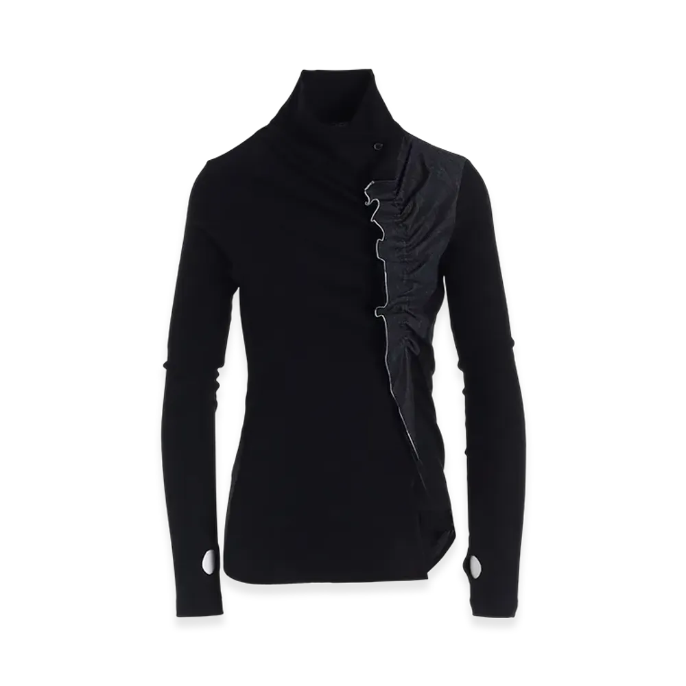 Y's Rib/Denim Combination High Neck T With Gathers "Indigo"