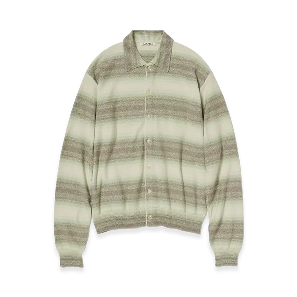 AURALEE Cotton Silk Gradient Stripe Knit Shirt Cardigan "Lime Gray Stripe"
